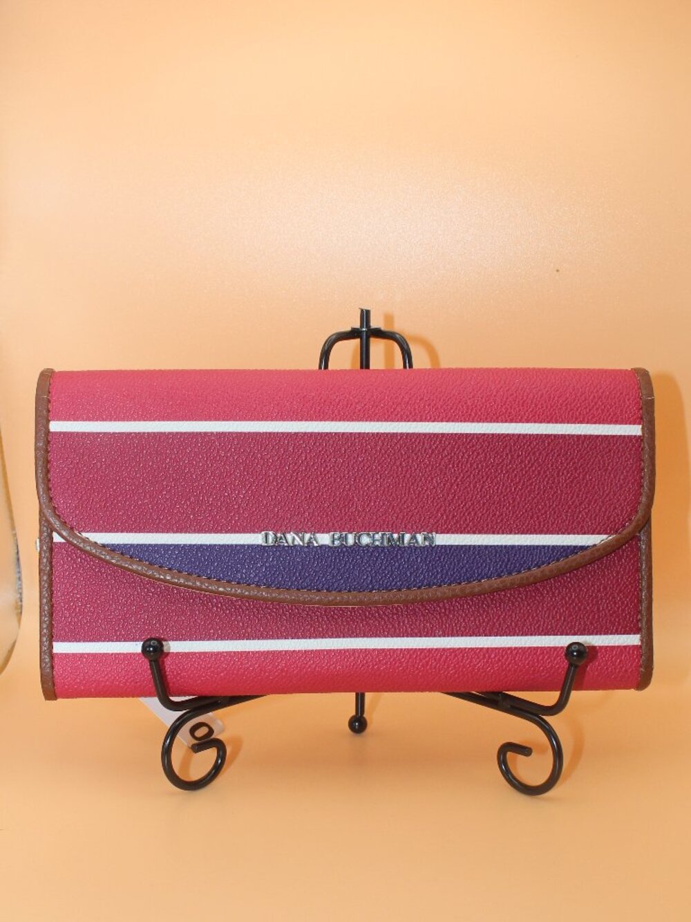 Dana Buchman Pink Purple Striped Flap Wallet with Brown Trim 0095